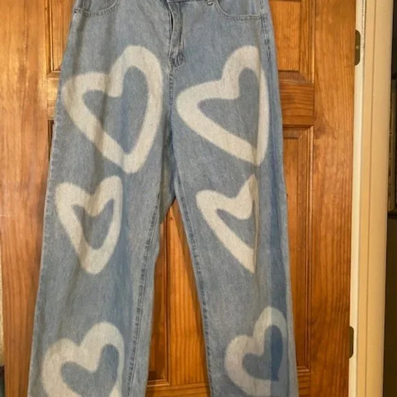 Shein Heart print Jeans size large wide leg - Picture 5 of 13